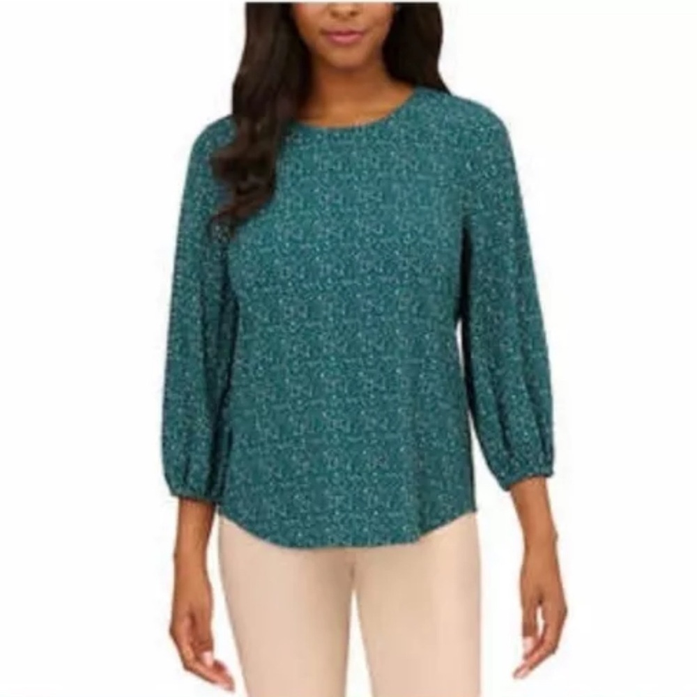 2 ADRIANNA PAPELL Printed 3/4 Sleeve Blouse 1 Green 1 White W Spots